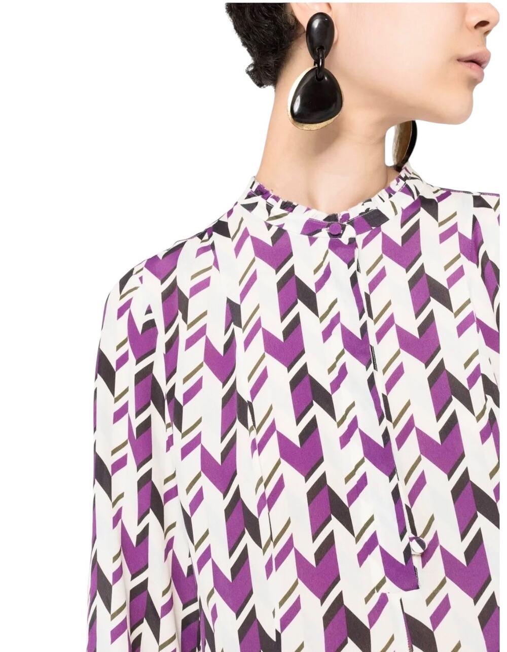 Dorothee Schumacher Purple Geometric Print Fluid Silk Blend Long Sleeve Blouse L